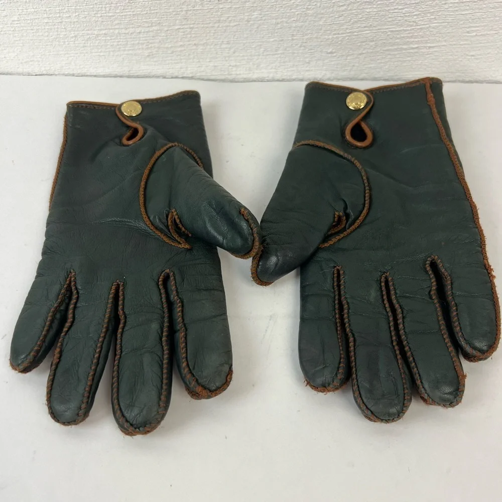 LRL Lauren Ralph Lauren Green Tan Leather Gloves, Medium